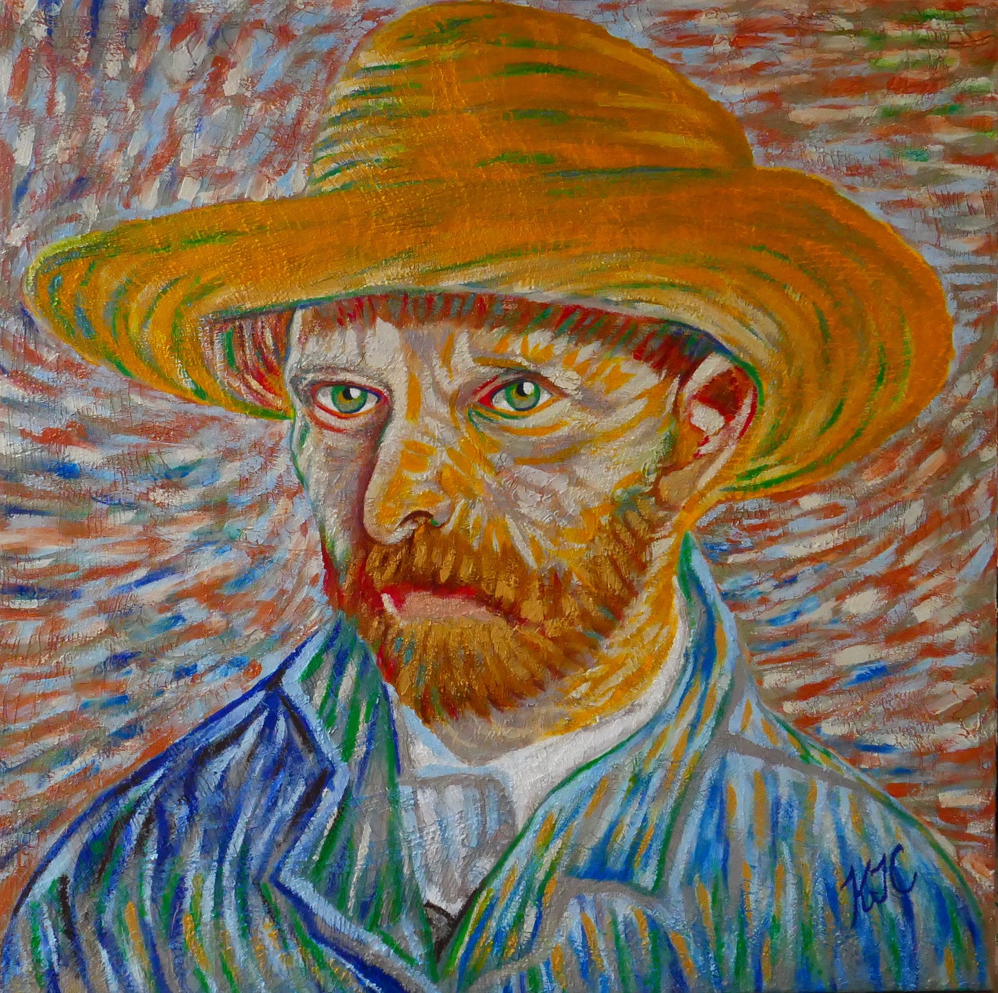 "The Dreamer Behind The Straw Hat" - Mixed media, 24"x24", acrylic, metallic paints, plasters - KC012