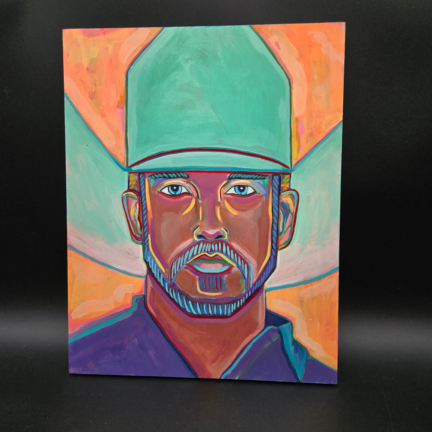 Turquoise Hat Cowboy - Acrylic On Wood - 11x14 - CA015