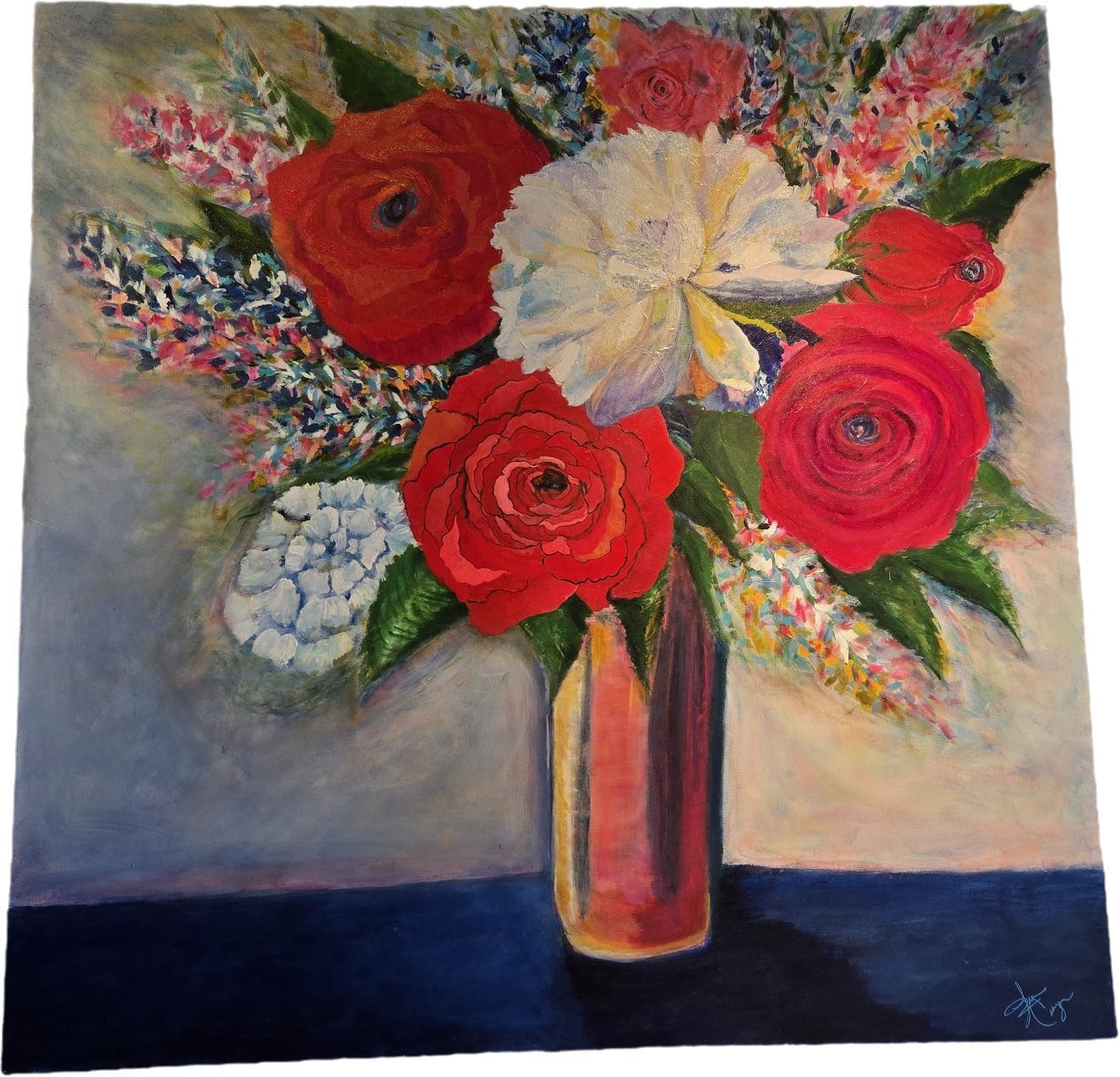 Crimson & Contrast - 48 x 48 acrylic rose floral in vase - FC010