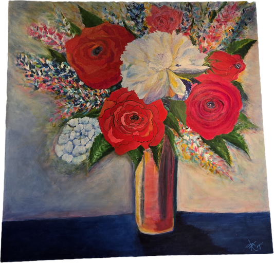 Crimson & Contrast - 48 x 48 acrylic rose floral in vase - FC010