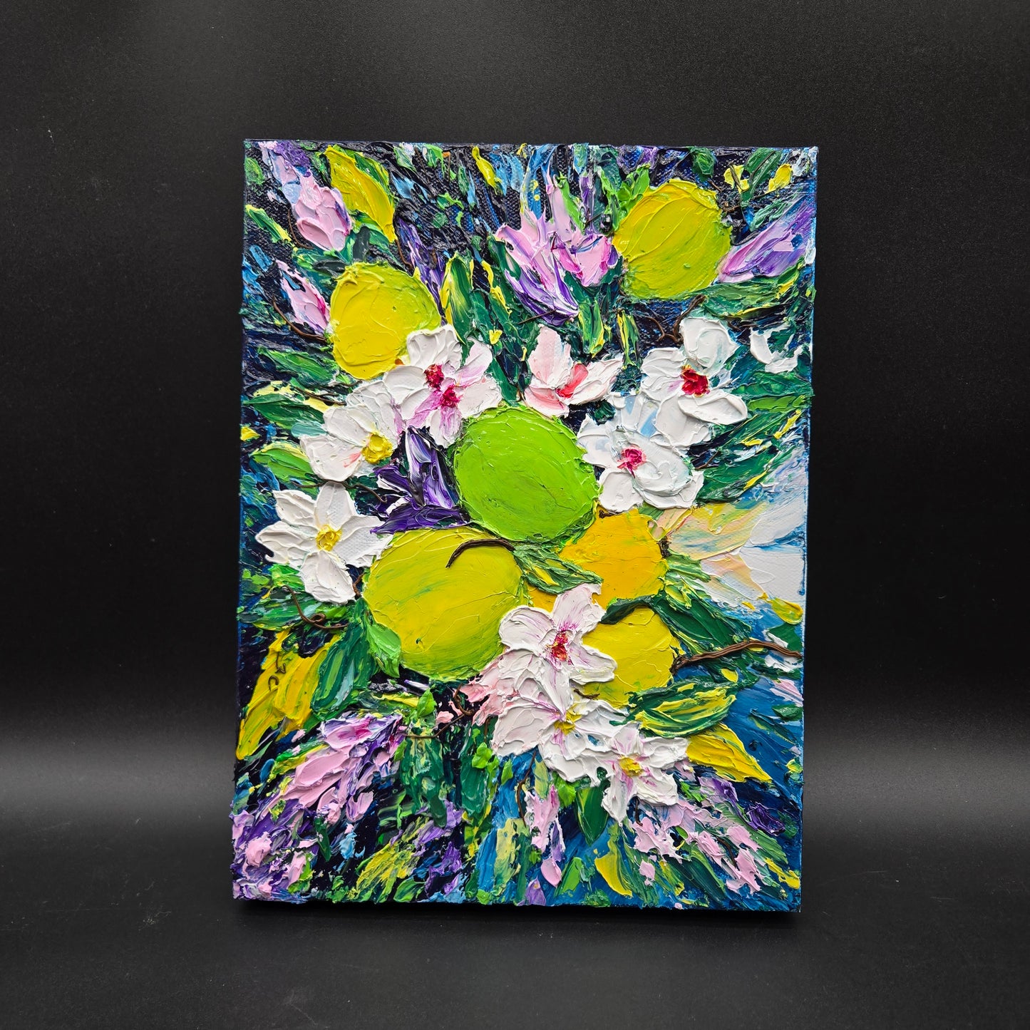 Blooming Limes - 9 x 12" 3d acrylic of limes + pink & white blooms - FC026