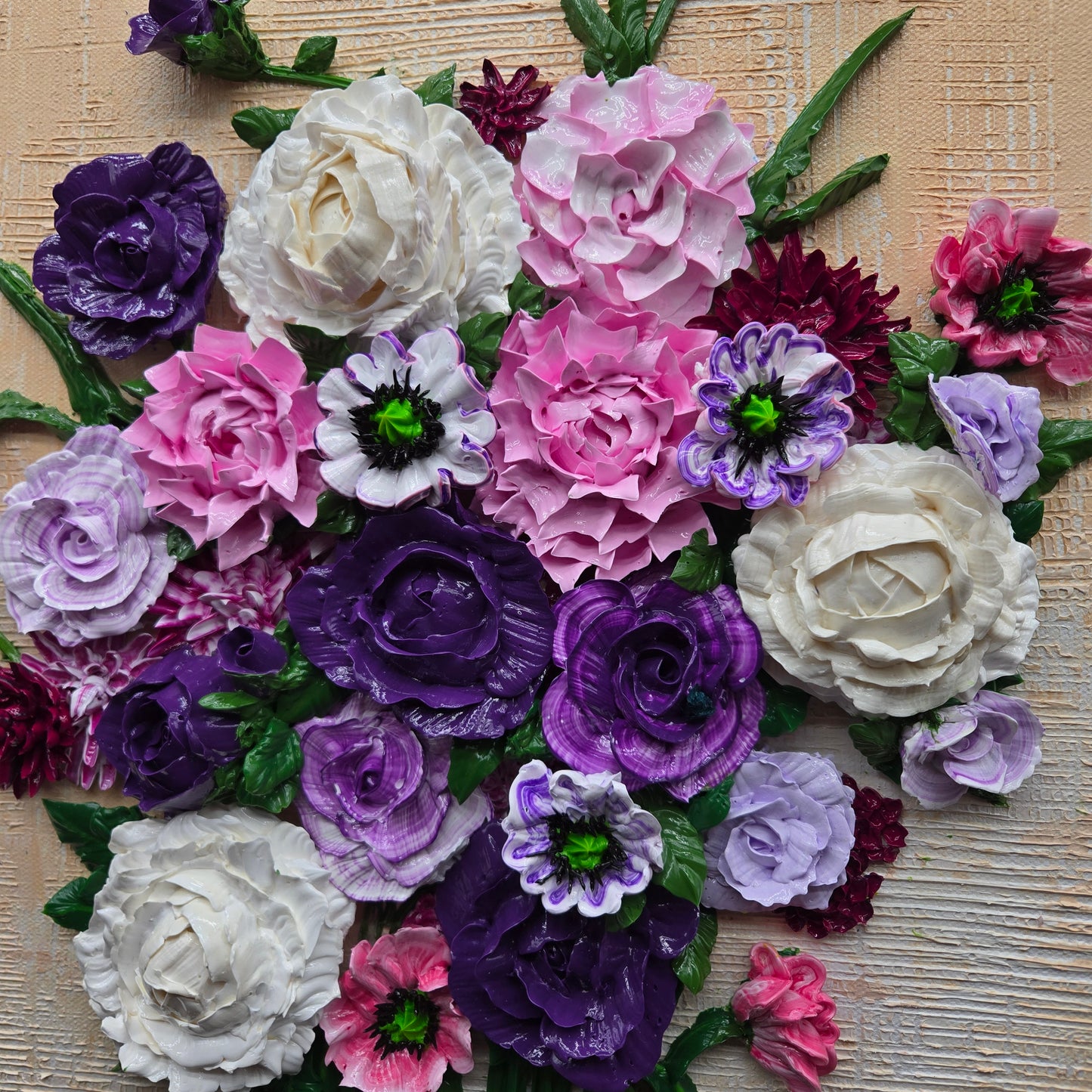 Purple, Petal & Pearl on Woven Sand - 16" x 20" 3d acrylic bouquet of purple roses, pink poppies, pearl peonies - FC039