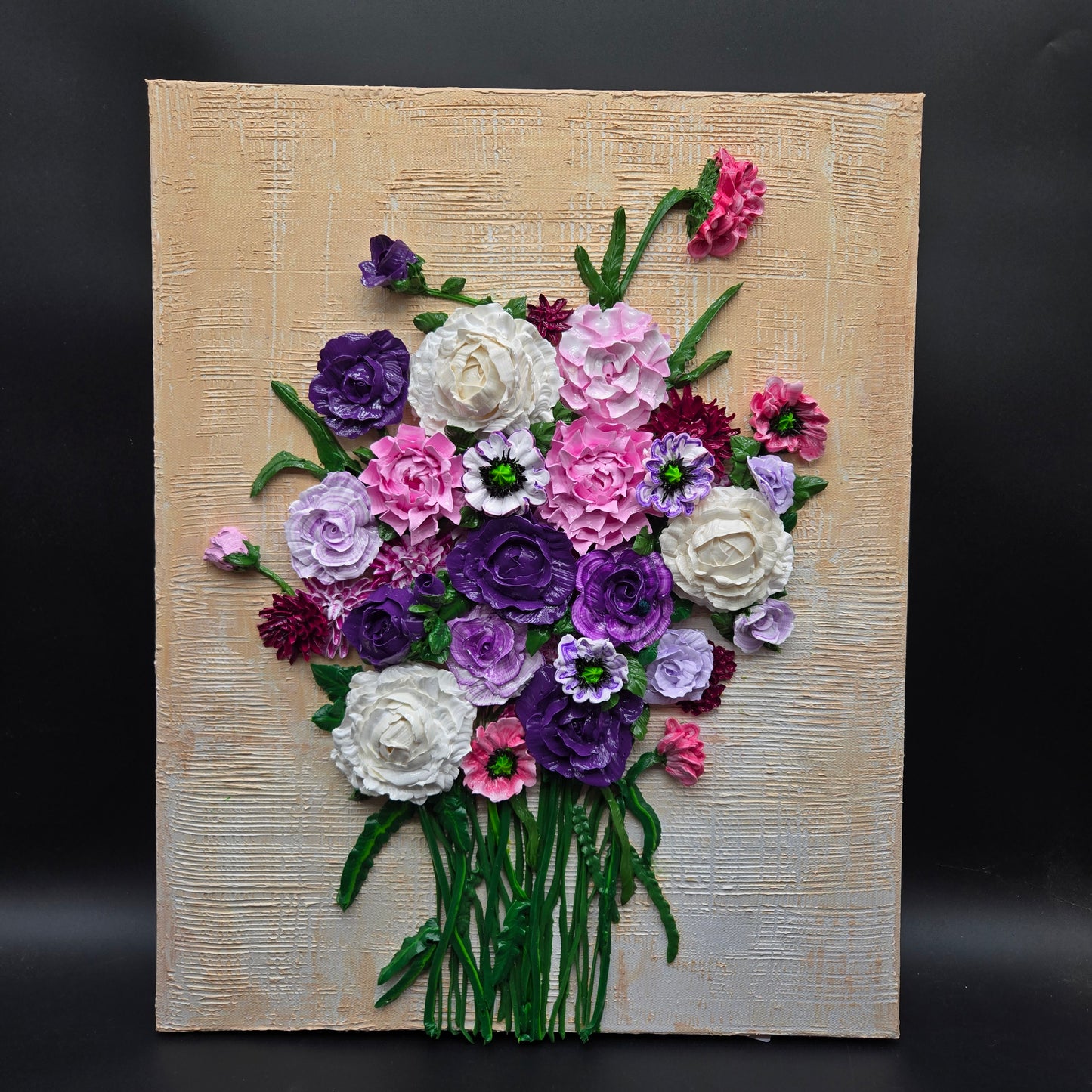 Purple, Petal & Pearl on Woven Sand - 16" x 20" 3d acrylic bouquet of purple roses, pink poppies, pearl peonies - FC039