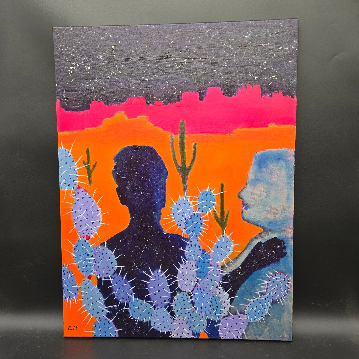 The Safe Spot - 18X24 acrylic another gay explorative the ridiculousness of having to hide symbolically in a cactus patch to explore one's sexuality out of fear of social judgment and the emptiness it causes - CN027