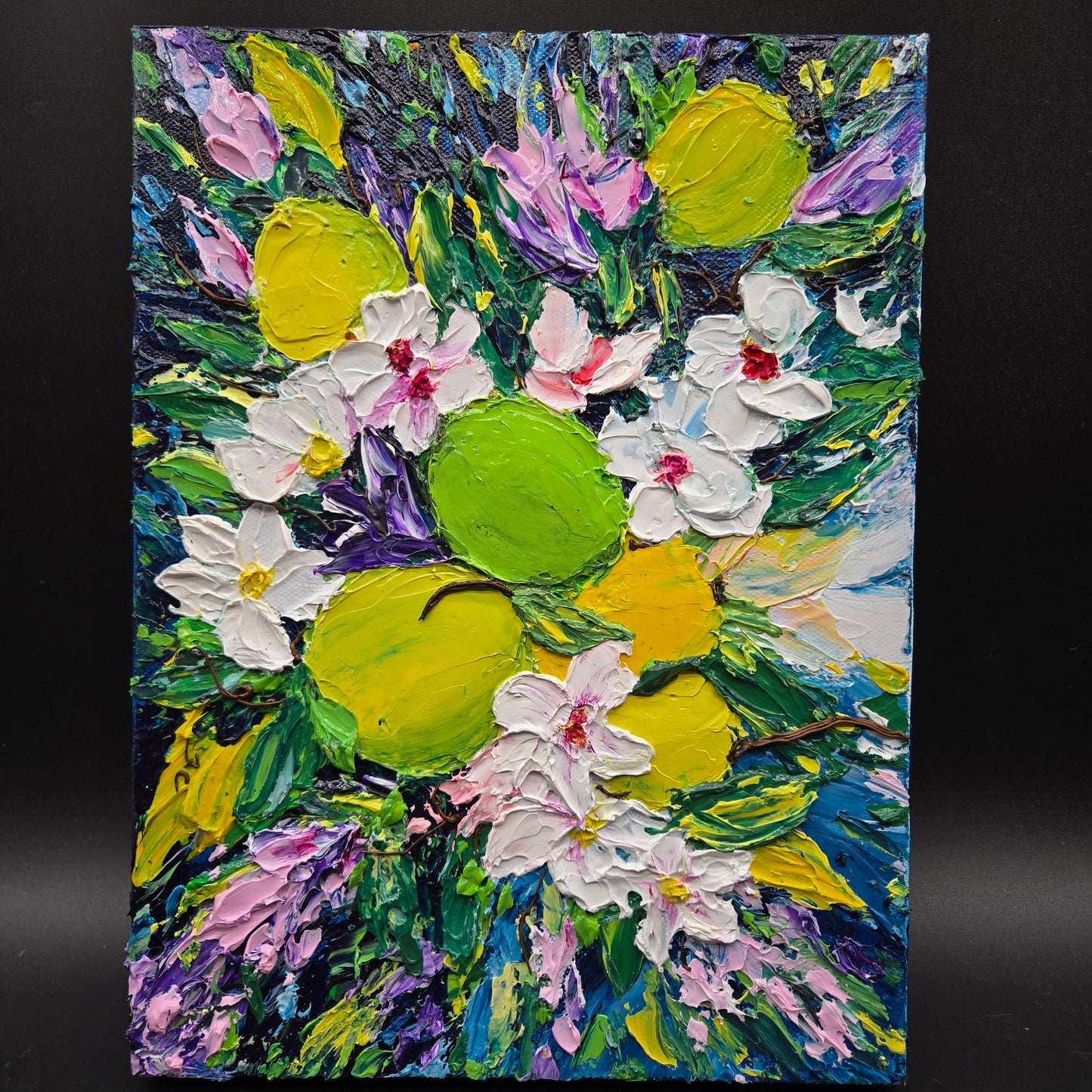 Blooming Limes - 9 x 12" 3d acrylic of limes + pink & white blooms - FC026