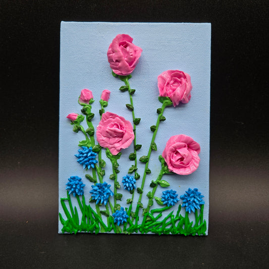 A Thorny Affair With Roses - 5 x 7" on flat board, pink roses, blue thistle in grass - FC028