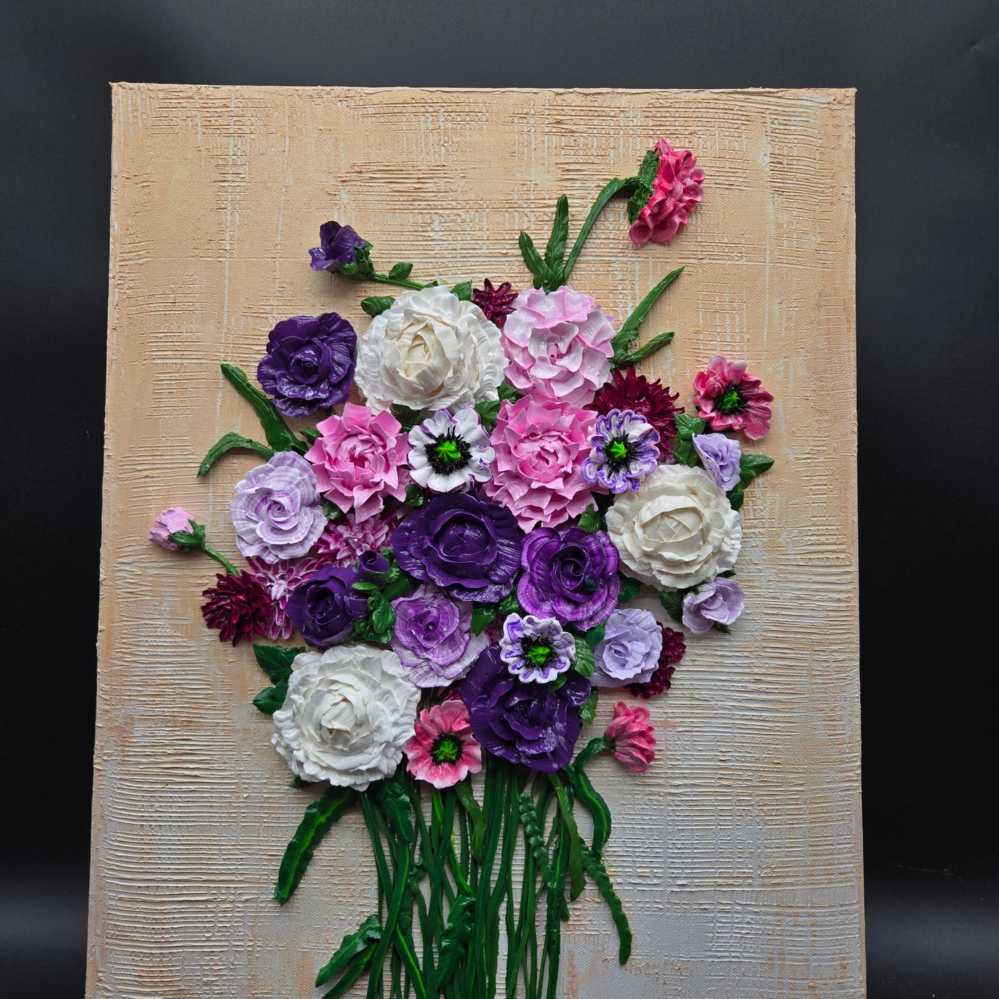 Purple, Petal & Pearl on Woven Sand - 16" x 20" 3d acrylic bouquet of purple roses, pink poppies, pearl peonies - FC039