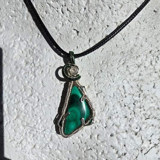 Malachite & Green Cubic Zirconia Stones wrapped in 925 Sterling Silver pendant WS024