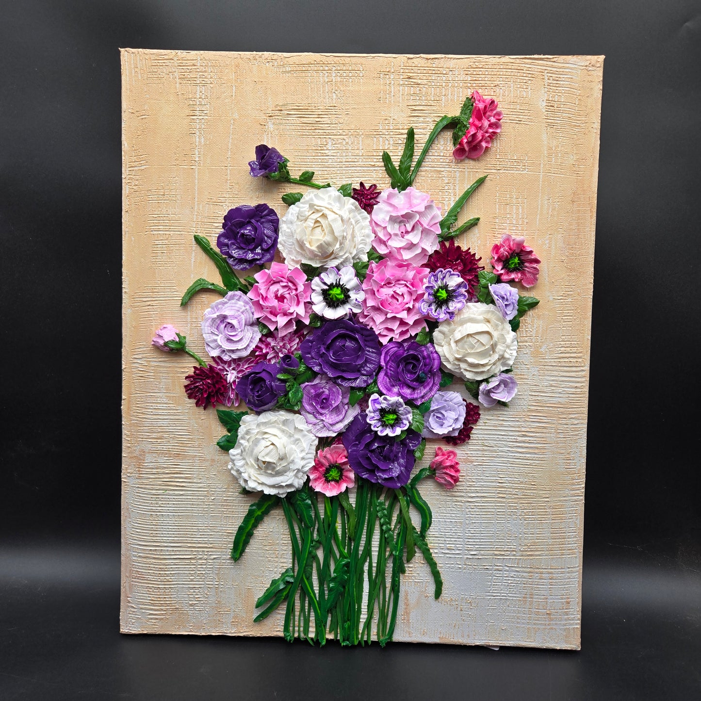 Purple, Petal & Pearl on Woven Sand - 16" x 20" 3d acrylic bouquet of purple roses, pink poppies, pearl peonies - FC039