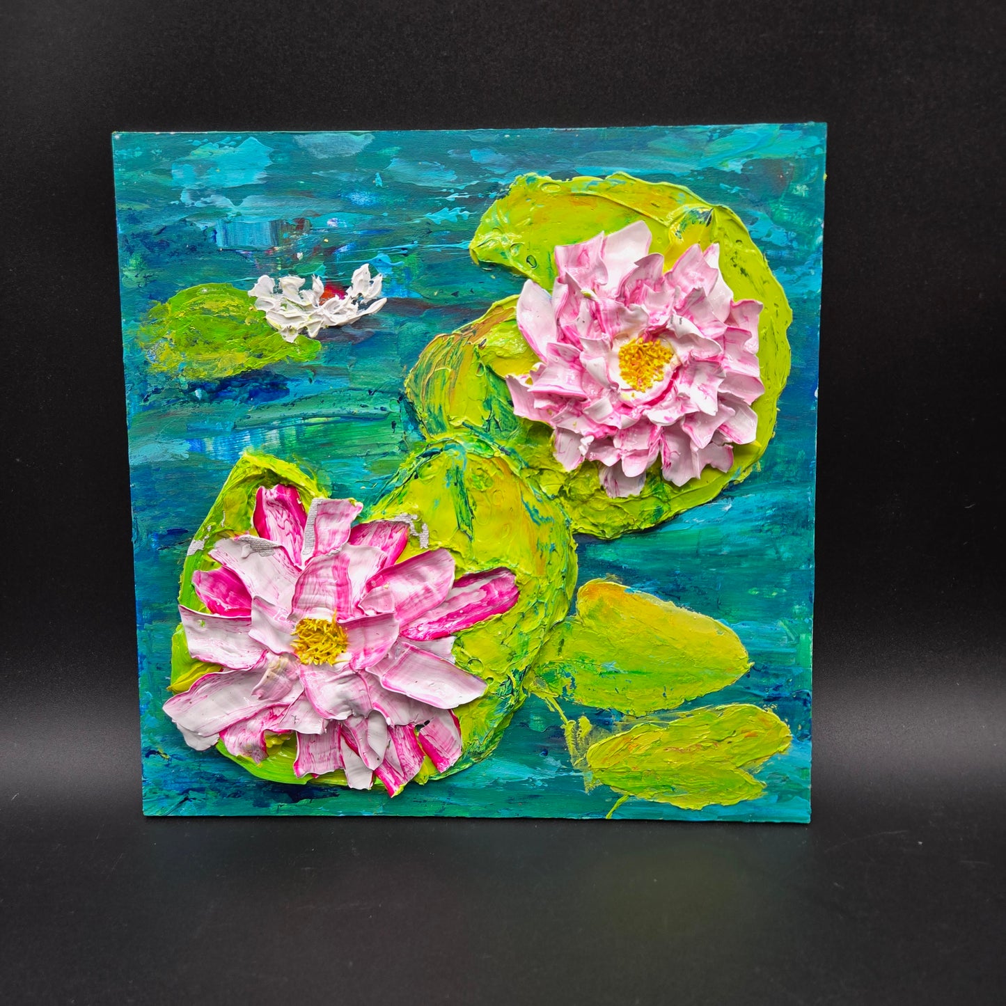 Blushing Lily Pads - 16 x 12" 3d acrylic of limes + pink & white blooms - FC025