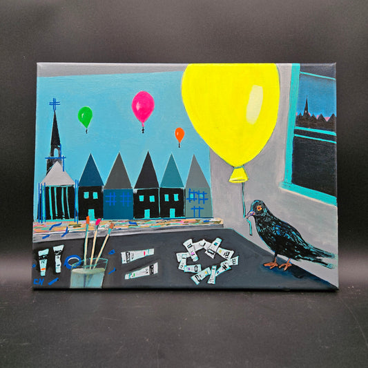 Black Dove Pays A Visit - 12X16 acrylic also from the black Dove series she's inviting me to join The others that I grieve and paint for The balloons represent death. - CN020