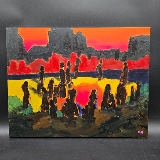 The Gathering - 14X18 acrylic mystical gathering of people in the desert around a fire. something very primitive, powerful and familiar about it - CN029