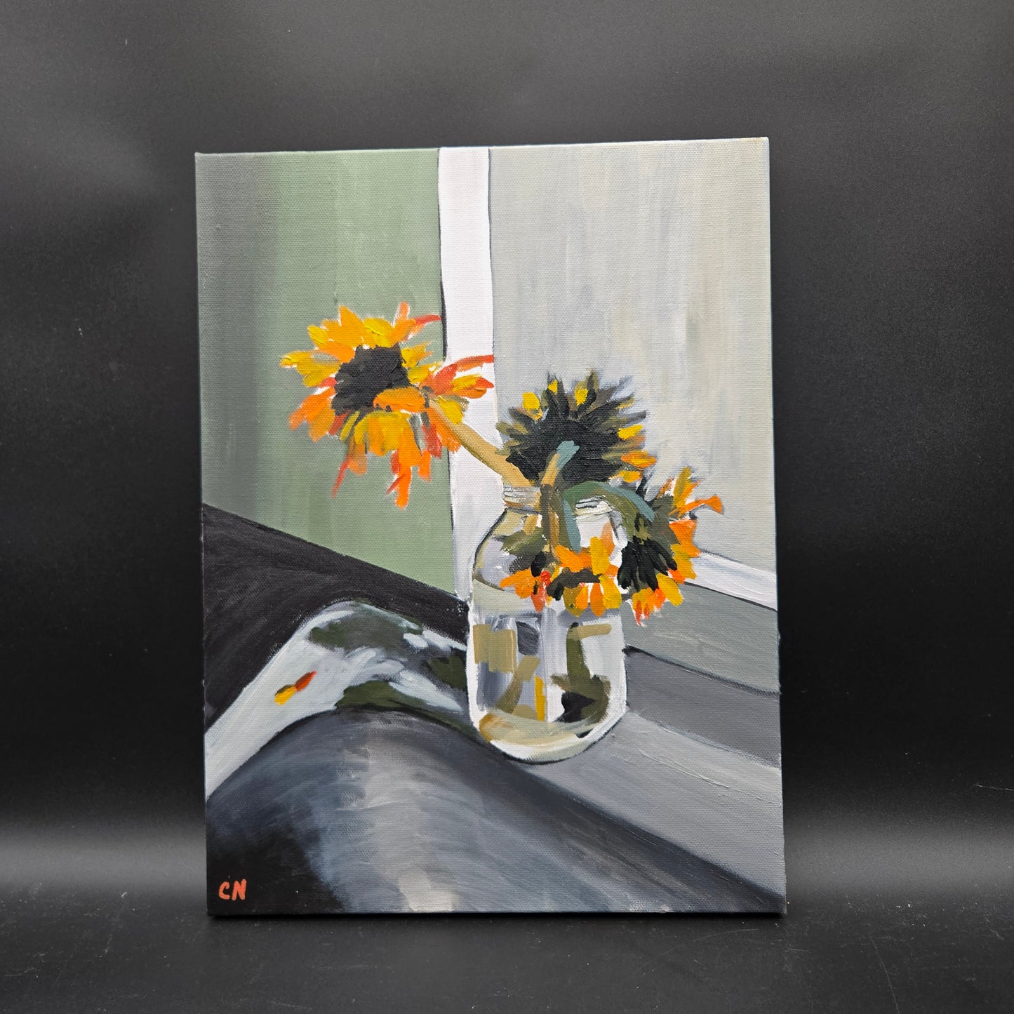 sunflowers by window - 12X16 acrylic sunflowers that I had in a mason jar by my kitchen window - CN056