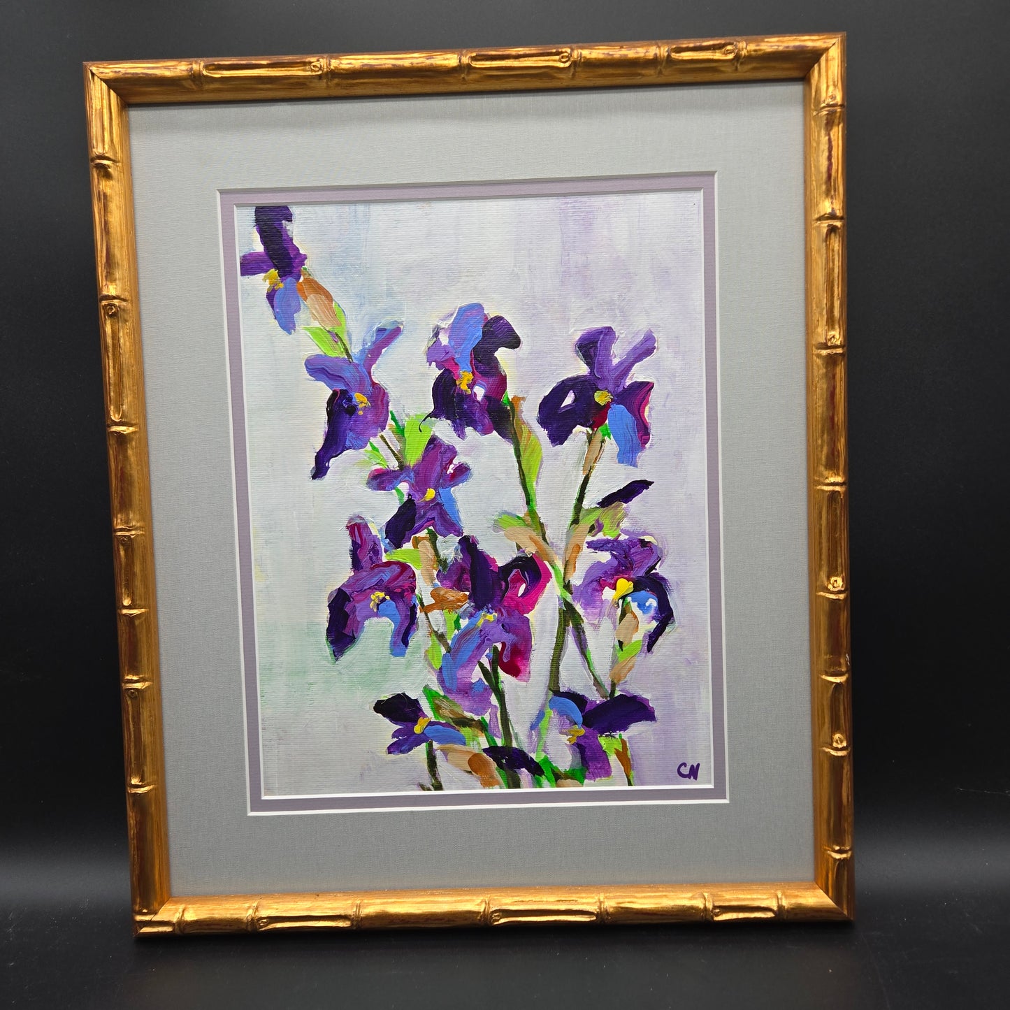 purple irises - 16X20 acrylic framed. I love people Iris flowers and I love painting them - CN057