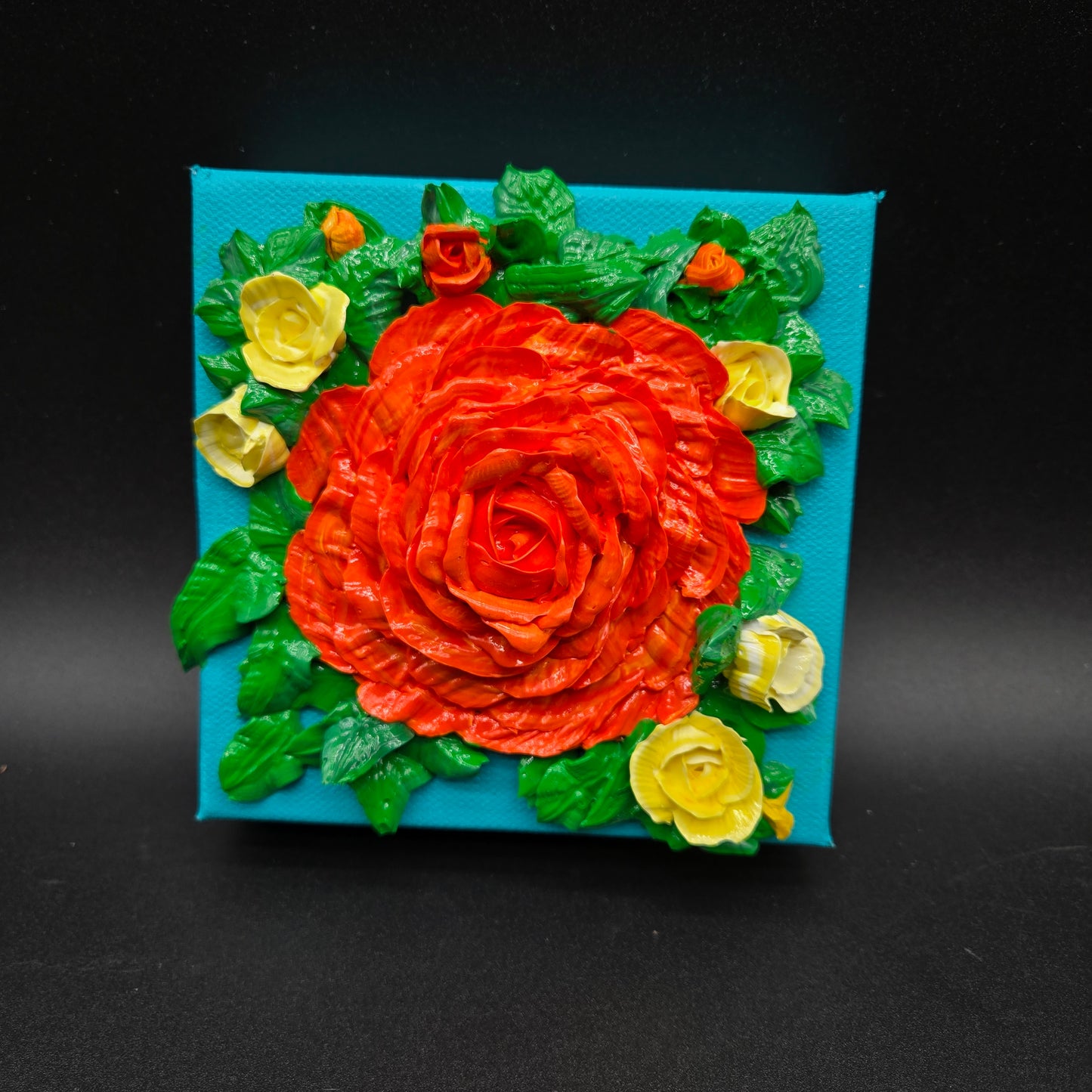 Orange You Lovely - 5 x 5" 3D acrylic orange rose surrounded by 5 yellow rosebuds- FC029