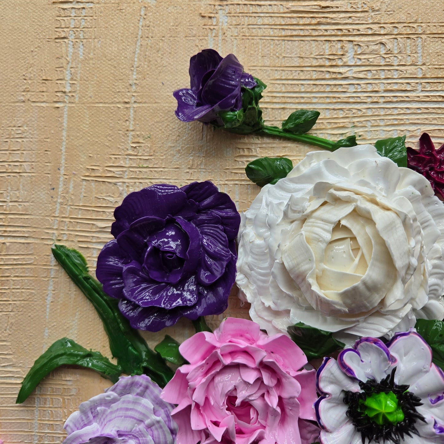 Purple, Petal & Pearl on Woven Sand - 16" x 20" 3d acrylic bouquet of purple roses, pink poppies, pearl peonies - FC039