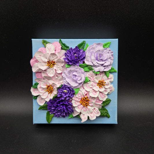 Lavender Hues and Petal Pinks - 6 x 6" - 3d paint pink & white blooms with lavendar roses and purple chrysanthamums on blue background FC030