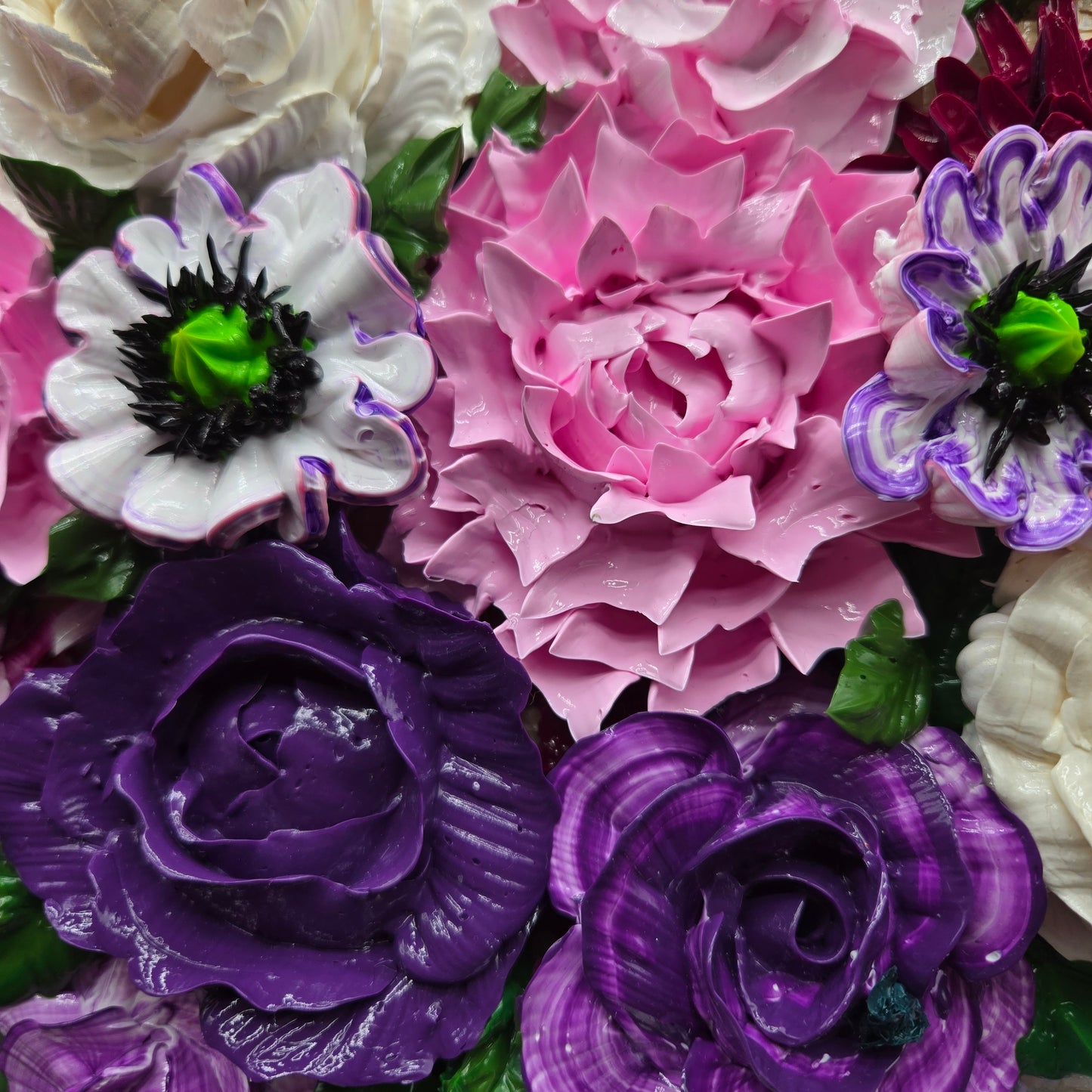 Purple, Petal & Pearl on Woven Sand - 16" x 20" 3d acrylic bouquet of purple roses, pink poppies, pearl peonies - FC039