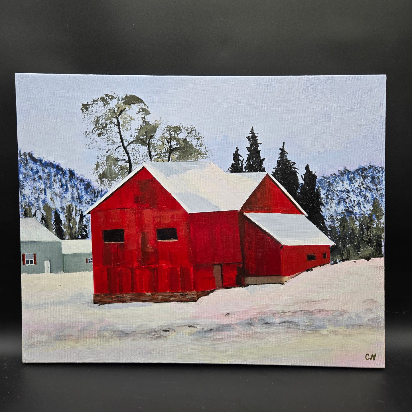 Red Barn in snow - 16X20 acrylic I was raised on a farm and this just reminds me of farm life - CN009