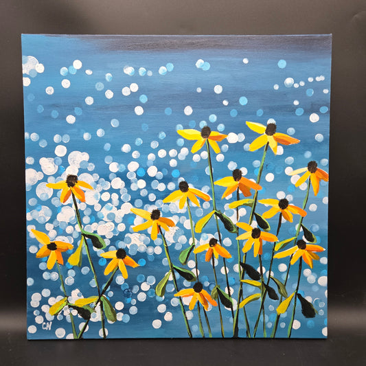 Black eyed Susan's - 20X20 acrylic Black-Eyed susans by a lake with glistening sunlight - CN049