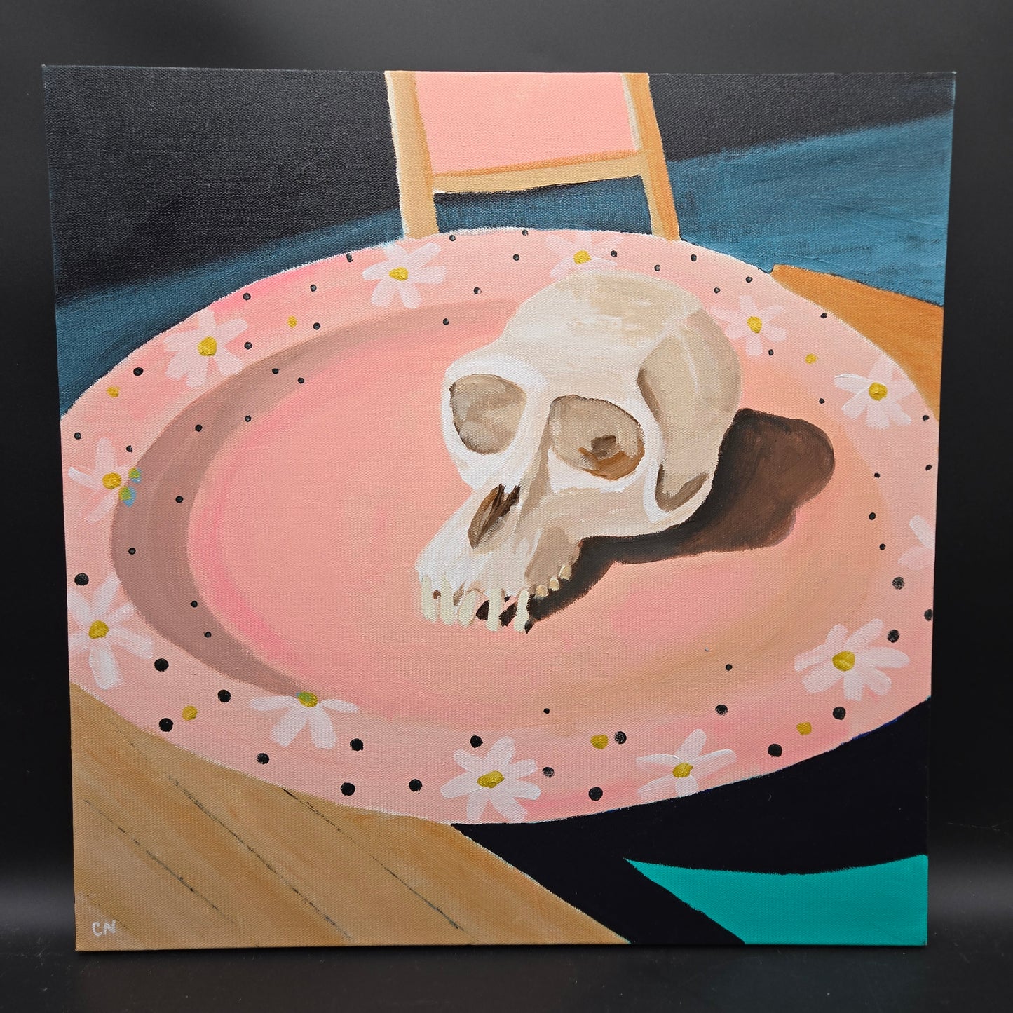 picnic with skull - 20X20 acrylic unknown animal skull type on ceramic plate - CN050